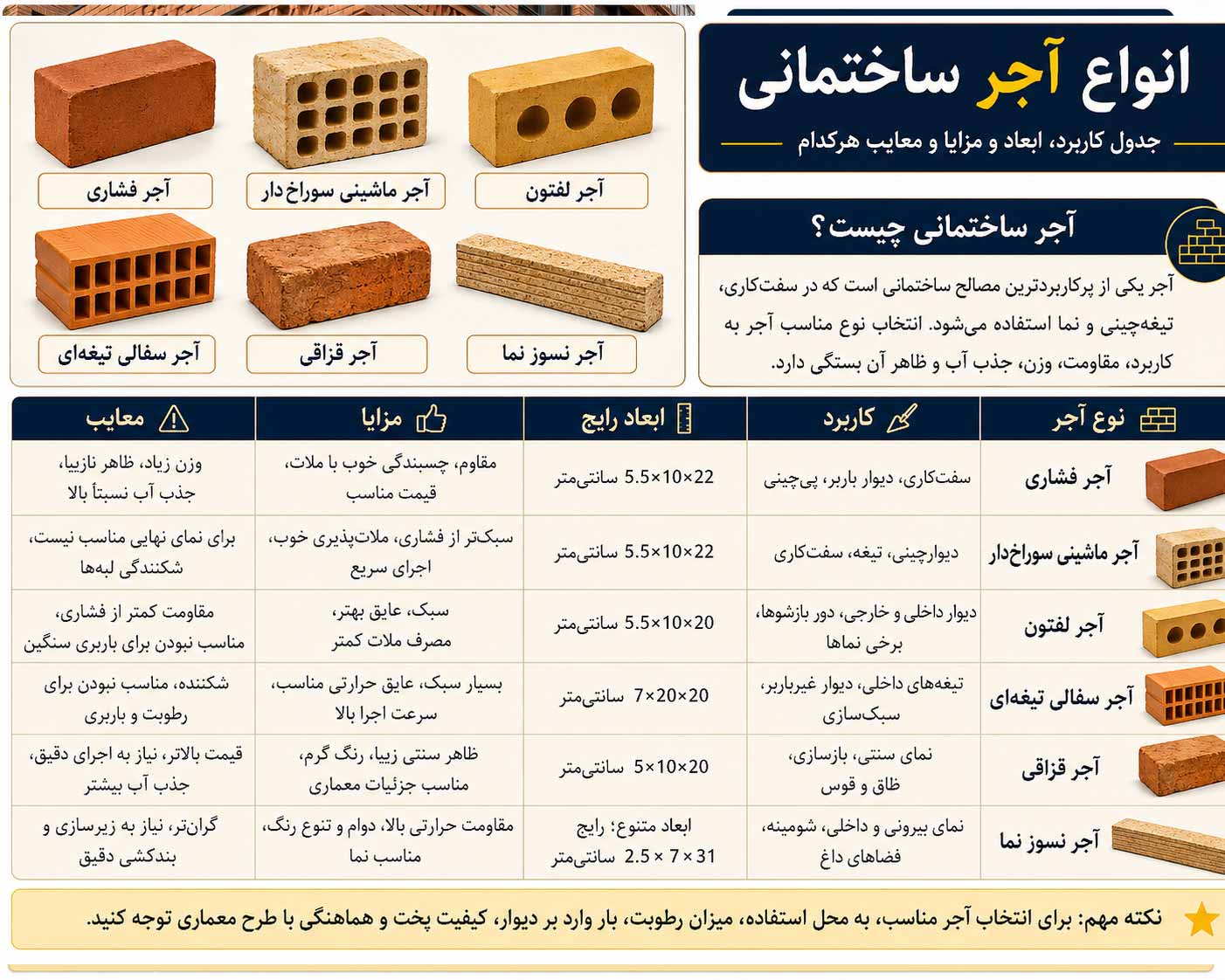 انواع آجر ساختمانی + جدول کاربرد، ابعاد و مزایا و معایب هرکدام