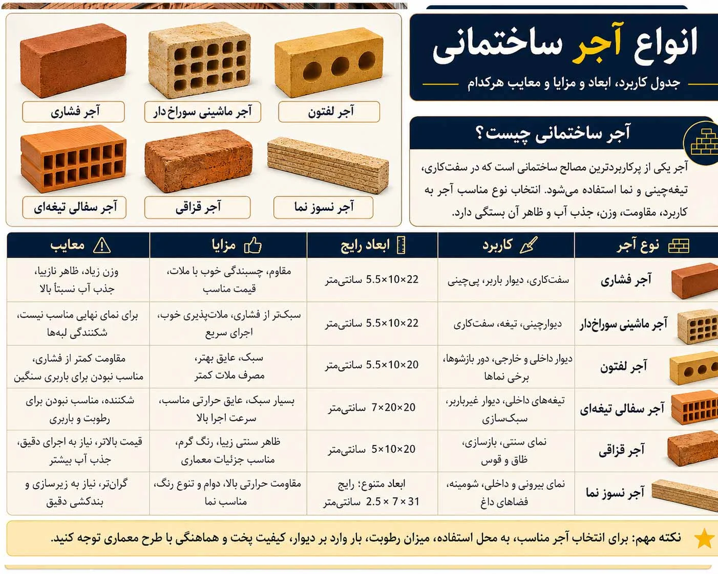 انواع آجر ساختمانی + جدول کاربرد، ابعاد و مزایا و معایب هرکدام